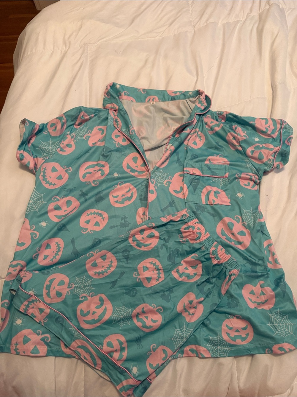 Halloween Pumpkin Short Pajama Set - Pink on Teal